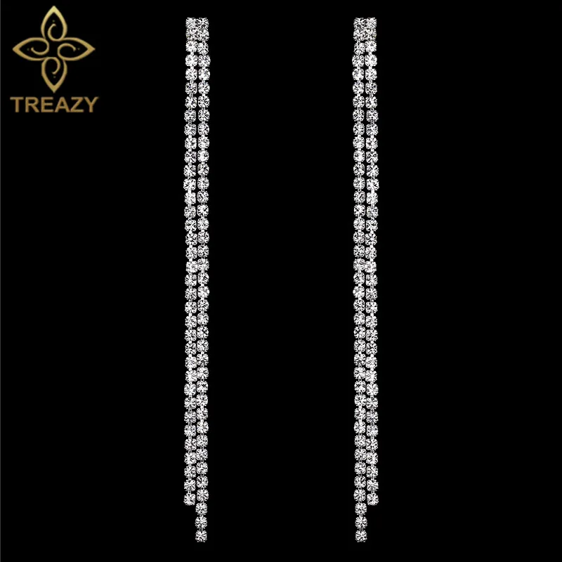 TREAZY Simple Rhinestone Crystal Tassel Long Earrings for Women Shining Wedding Party Hanging Dangle Earrings Bridal Brincos