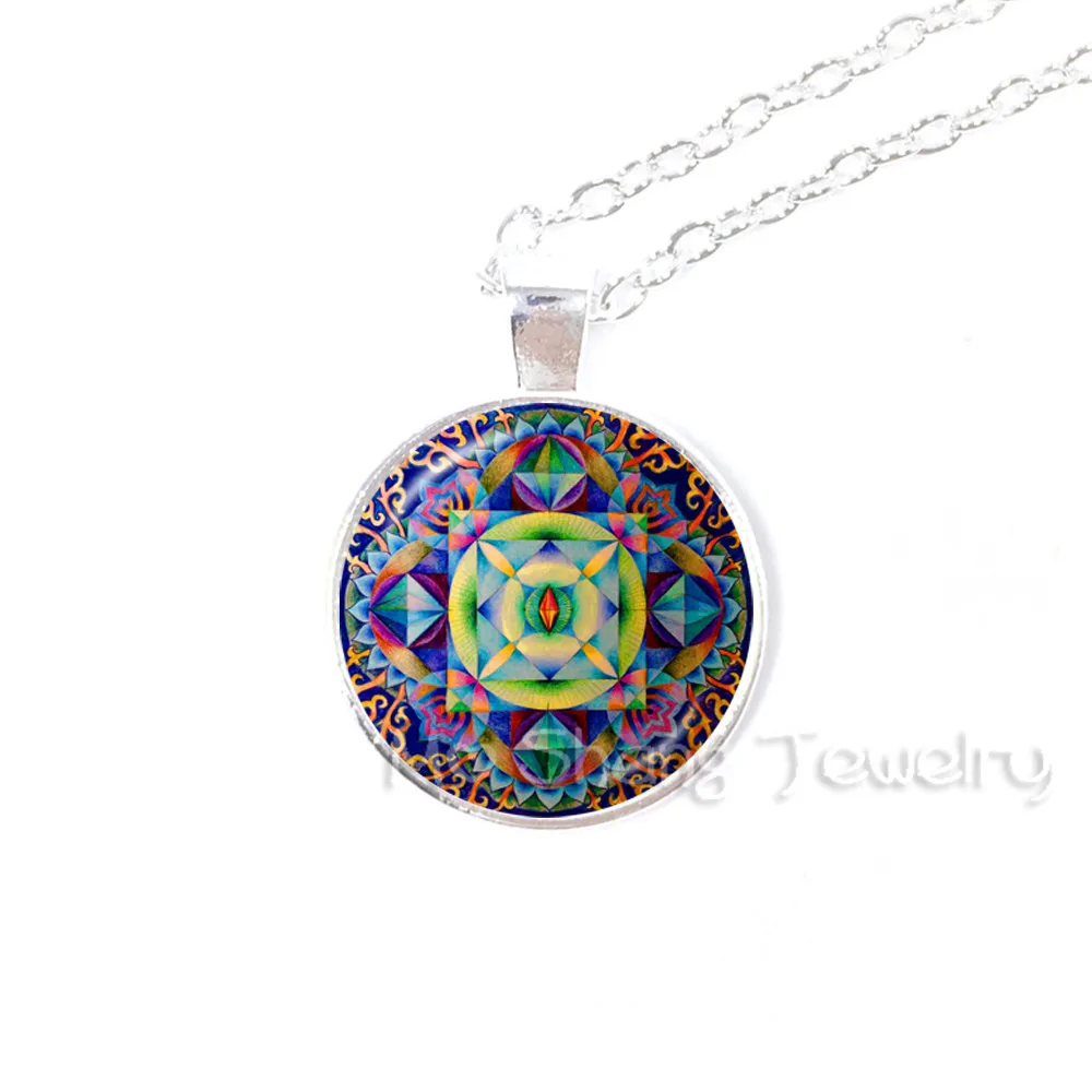 Buddhist Jewelry Sri Yantra Pendant Necklace Sacred Geometry Jewelry Mandala Glass Photo Pendant Necklace