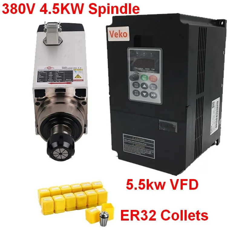 380V 4.5KW 6HP Square Spindle Motor Air Cooled 4 Bearings +5.5kw VFD inverter + ER32 Collet kit for CNC Engraving machine Router