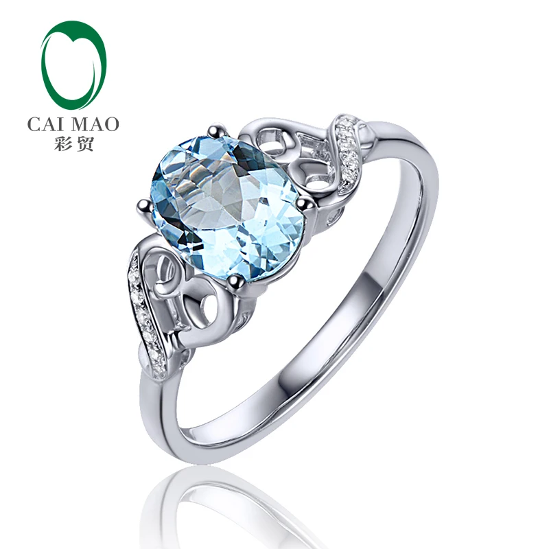 

6x8mm Oval Cut 1.15ct VS Blue Aquamarine & 0.04ct Natural Pave Diamond Real 14k White Gold Engagement Ring