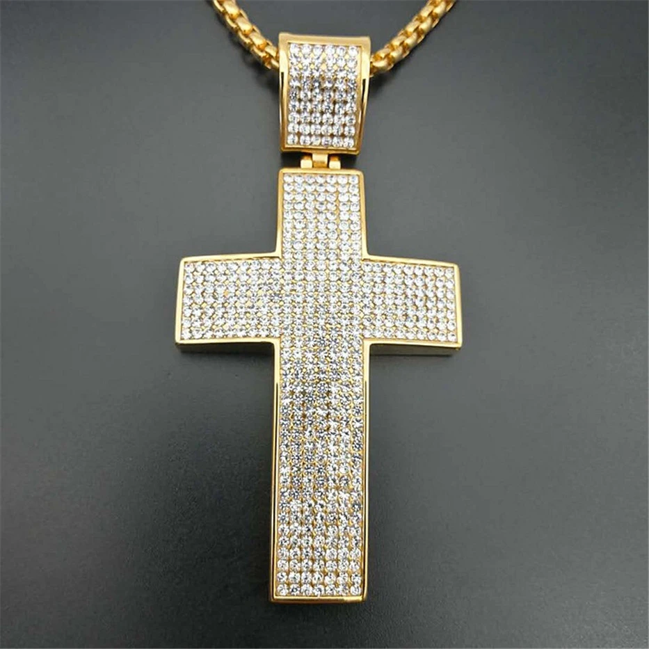 

Hip Hop Iced Out Big Cross Pendant Necklace For Men Gold Color Stainless Steel Rhinestones Necklace Hiphop Christian Jewelry