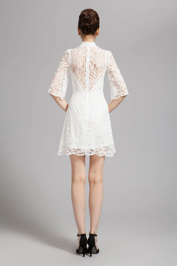 B0028 New High Neck Lace Button Two-piece Half Sleeves Short Evening Homecoming Prom Ball Women White Mini Dresses