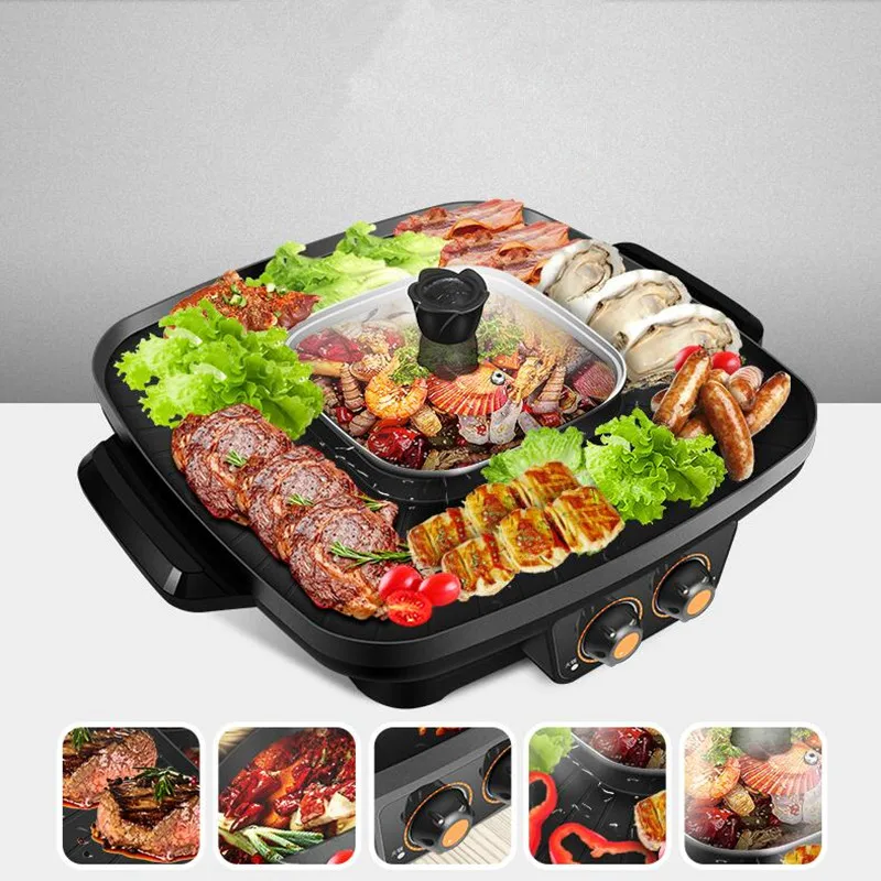 220V Household BBQ Non-stick Electric Barbecue Grill 2 In 1 Hot Pot & Meat Roast Grill Machine Big Capacity EU/AU/UK/US Plug