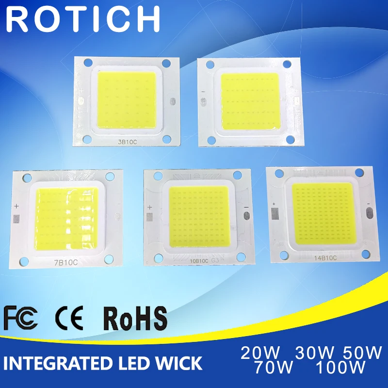 Chip LED Epistar COB ad alta potenza 20W 30W 50W 70W 100W DC 30V-32V SMD integrato per faretto faretto bianco caldo / bianco