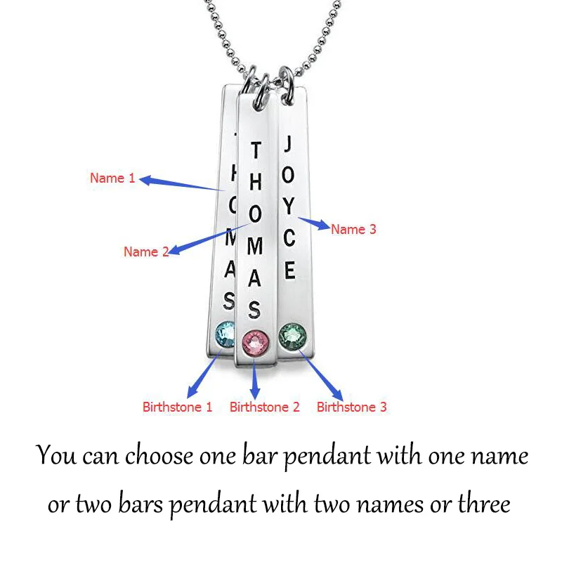 Amxiu Real 925 Silver Bar Necklace Engrave Three Names with Birthstones Pendant Necklace For Family Mother Friends Special Gift