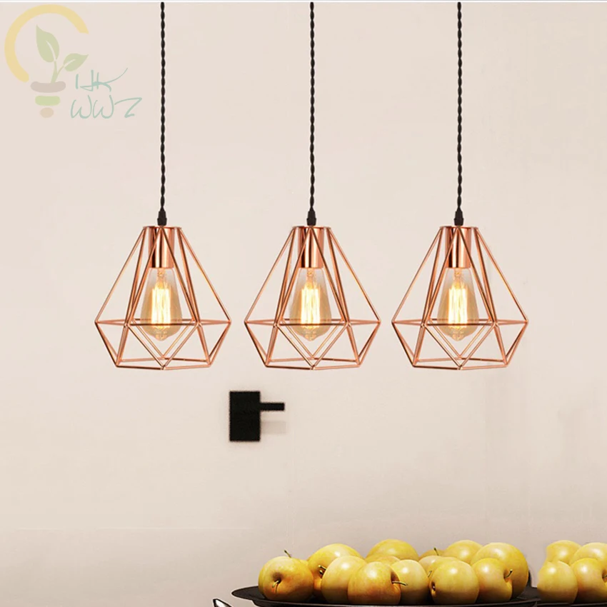 Nordic Light E27 Hanging Light Iron Electroplate Pendant Lamp Restaurant Living Room Rose Gold Diamonds Pendant Lights