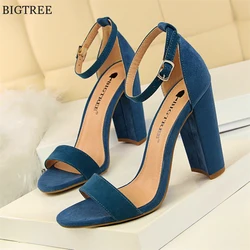 BIGTREE 8 Colors Women High Heels Sandals Concise Flock/PU Open Toe Buckle Sexy Woman Party Sandal Summer Shoes Big Size 34-43