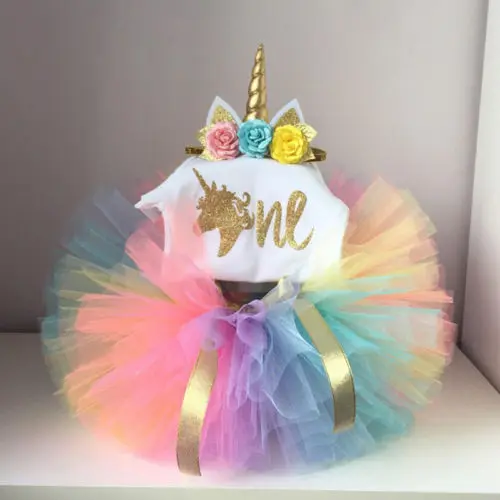 Newborn Baby Girl 1st Birthday Unicorn Party Clothes Costume Toddler Kids Girls Lace Romper Bodysuit Tutu Skirts Dress Clothes