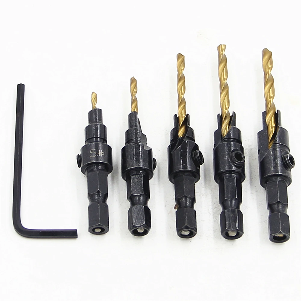 5Pcs HSS 1/4 Chuôi Lục Giác Countersunk Khoan Titan Tapper Dụng Cụ Chế Biến Gỗ Phi Công Kích Thước Lỗ #5 Số 6 8 Trong Số 10 #12 Với 1 Cờ Lê