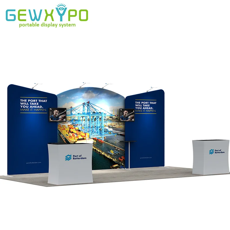 20ft Expo Booth Pop Up Tension Fabric Advertising Banner Display Backdrop Wall With Two Podium Hard Cases And Four LED Lights