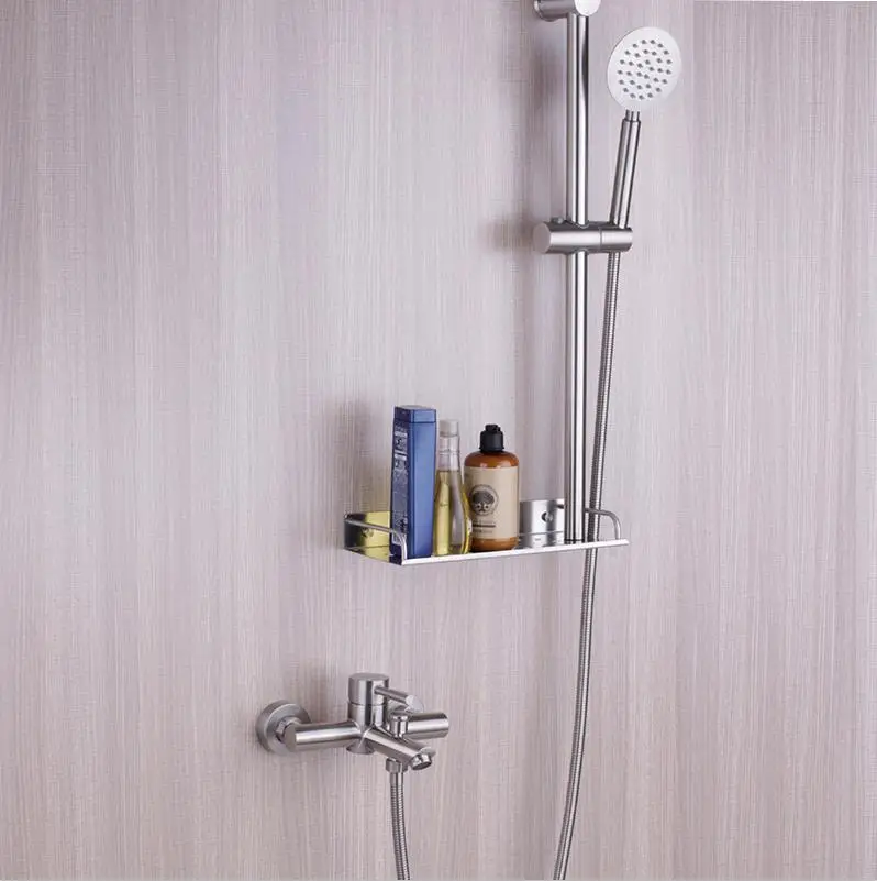 bathroom shower faucet set slide bar has shelf and sprayer water gun