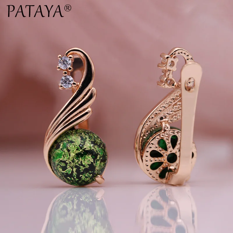 PATAYA New 585 Rose Gold Color Natural Zircon Women Fashion Jewelry Champagne Crystal Opal Onyx Earring Wedding Fine Earrings