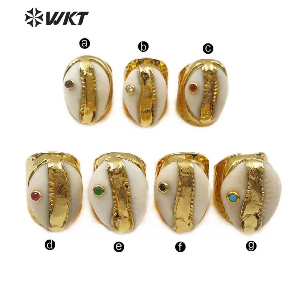 WT-R335 Wholesale Natural Cowrie Sea Shell Rings With Multi Color Rhinestone Pave For Women Party Jewelry Resist Tarnishable