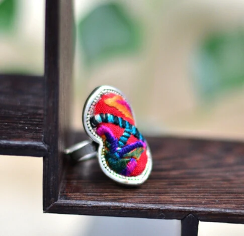 5PC  National style Embroidery rings Miao silver plated ethnic cotton jewelry creative personality fashion colorful ring