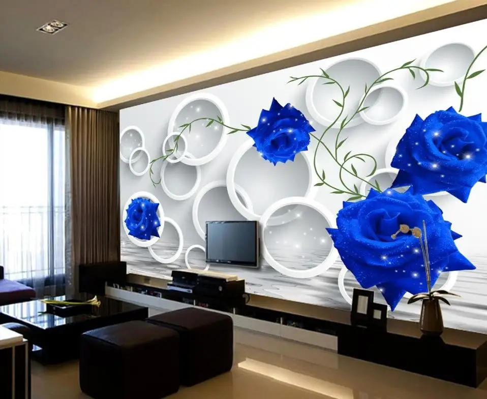 

3d mural wallpaper 3D stereoscopic circle blue roses minimalist TV backdrop mural 3d stereoscopic wallpaper