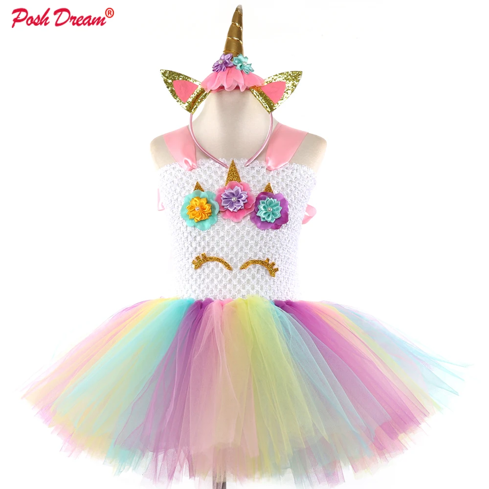 

POSH DREAM Unicorn Little Flower Children Girls Tutu Dresses with Headband Gold Satin Cartoon Kids Girls Clothes Birthday Party