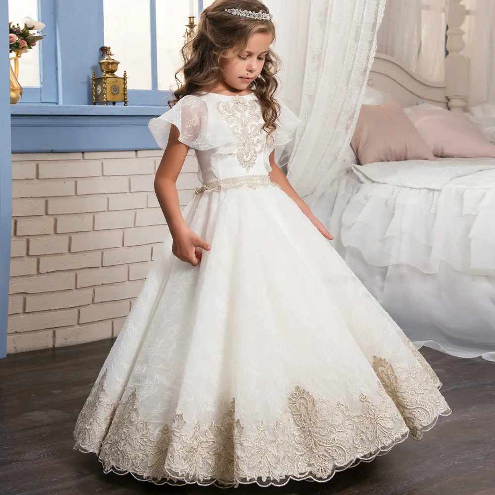 Vestido largo hasta el suelo para niña, traje de tul, blanco, marfil, apliques de encaje, fiesta, Princesa, talla personalizada, novedad