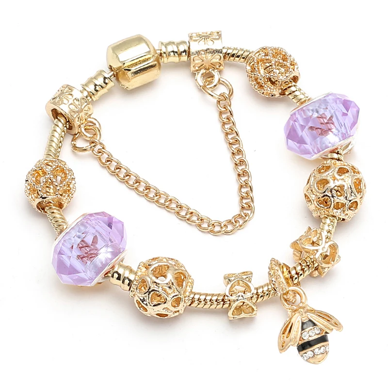 BAOPON Luxury Crystal Bees Gold Color Charm Bracelet For Girl Murano Glass Beads Fine Bracelet For Women Couple DIY Jewelry Gift