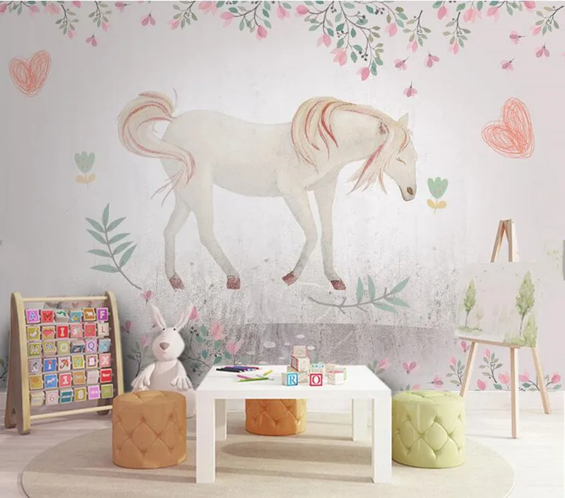 Custom watercolor white horse wallpaper,living room TV sofa background children bedroom 3d cartoon mural papel de parede