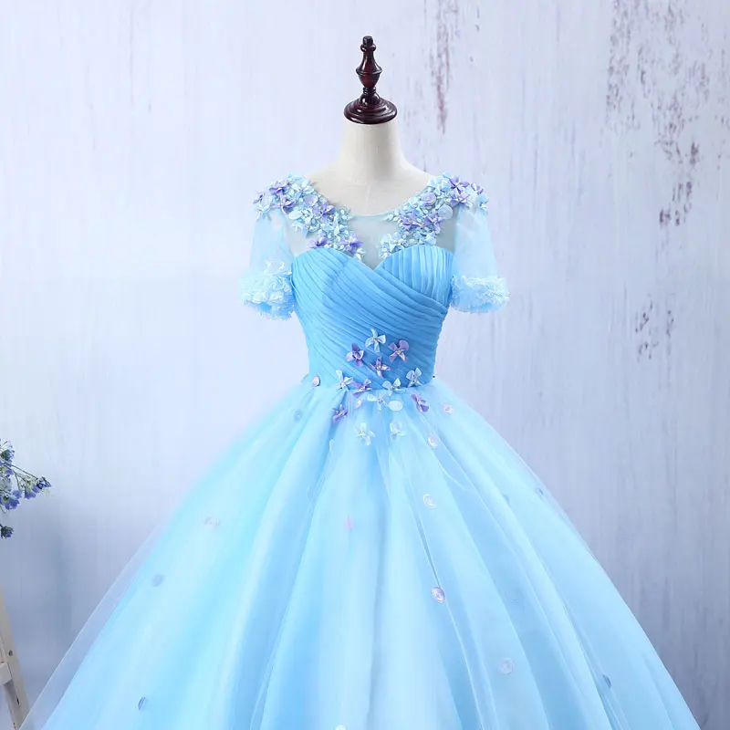 light blue flower embroidery ruffled beading ball gown medieval dress Renaissance queen Victorian cosplay ball gown Belle Ball