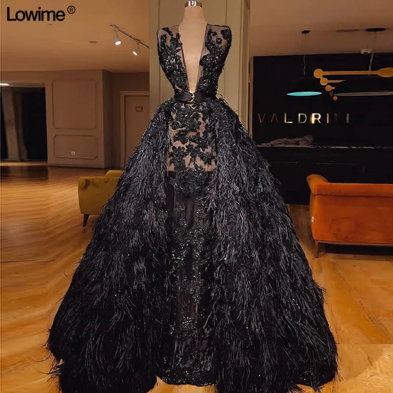 Fashion Black Lace Long Evening Dresses With Feathers Two Pieces Illusion Zipper Back Deep V-neck Evening Prom Party Gowns Sash