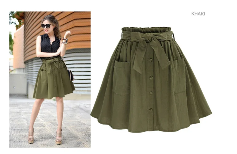 

Women 'S Skirts Vintage High Waist Pocket Solid Bow Belt Midi Skirt New Arrival Summer Europe Army Green Girls Skirt