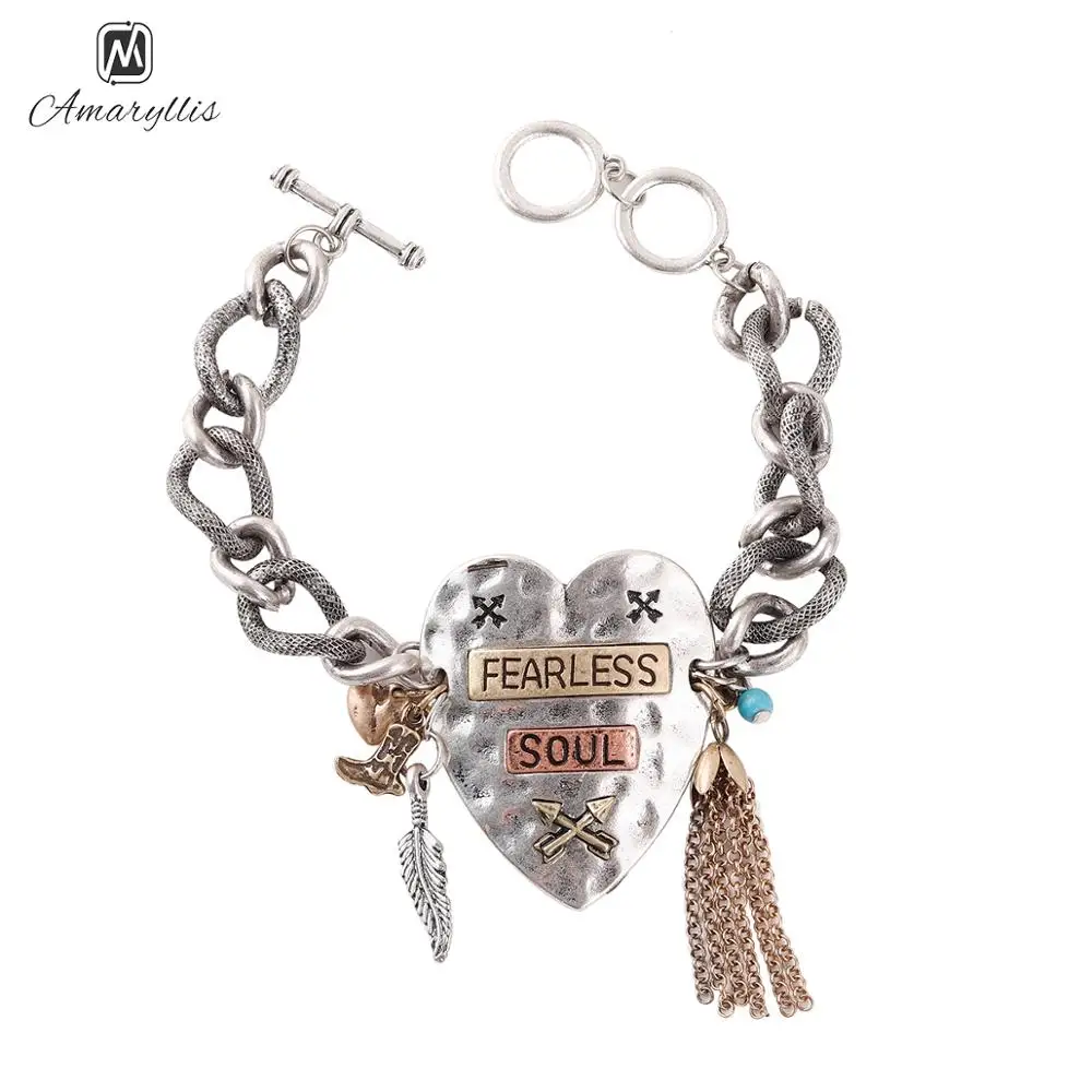 Amaiyllis Faith Fearless Soul Alloy Heart Bangle Bracelet For Women Vintage Tassel Chain Arrow Charms Link Chain Toggle Bracelet