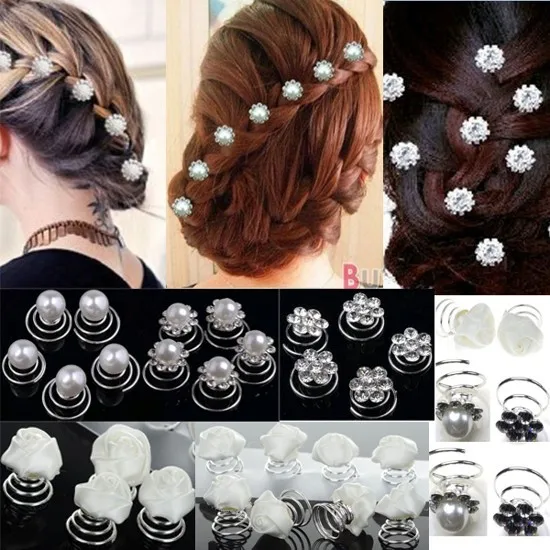 12pcs/Lot Wedding Bridal Crystal Faux Pearl Flower Hair Pins Twists Coils Swirl Spiral Hairpins Headwear Accessories Jewelry