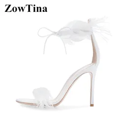 White Feather Decor Women Gladiator Sandals 10cm Thin High Heels Formal Dress Pumps Summer Shoes Black Strap Sandalias Femmes