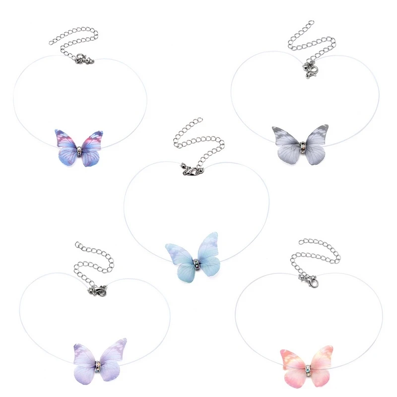 Fancy Colorful Yarn Butterfly Crystal Necklace Women Cute Girls Invisible Fishline Chain Choker Jewelry Party Girlfriend Gift