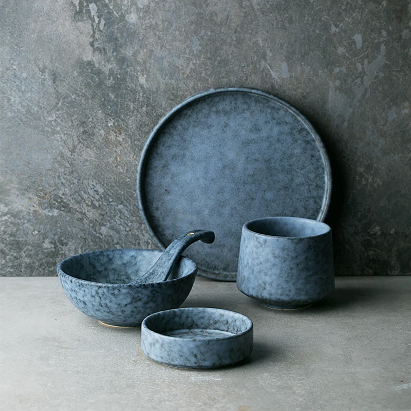 KINGLANG 1PCS Grey Ceramic Bowl Rice Plate Dish Cup Nordic Western Style Ceramic Looks like Stone Marble Gray Porcelain Dishes