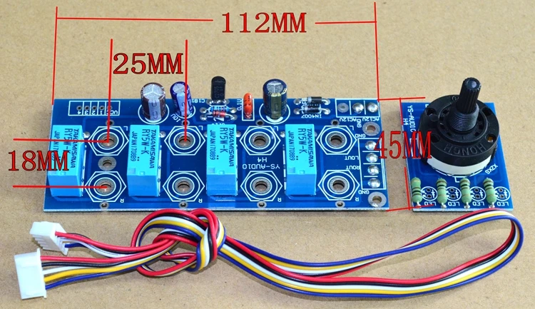 Four way audio input selection board is suitable for selecting various power amplifier boards.