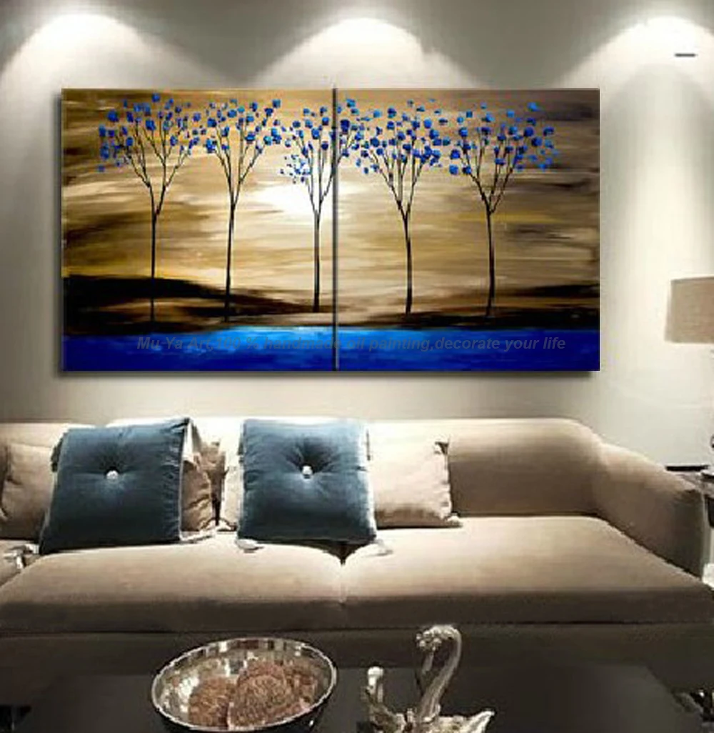 Decorative picture oil painting on canvas handmade blue tree lanscape painting abstract decoration murale salon for living room image 3