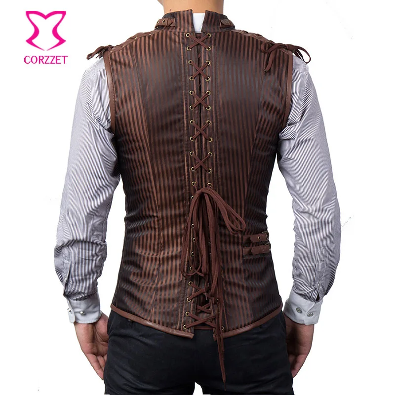 Brown Striped Stand Collar Sleeveless Zipper Vintage Mens Waistcoat Steampunk Jacket Men Gothic Coat Waist Trainer Corset Vest