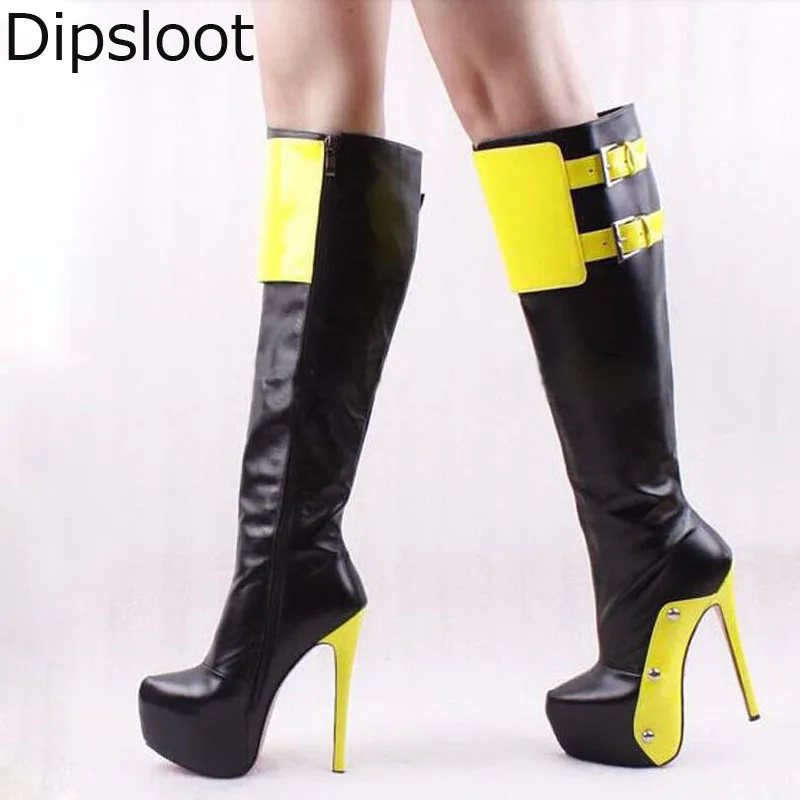 Ladies Platform Fluorescent Shiny Leather Patched Knee High Boots Metal Buckle Stiletto High heels Botas Women Zip Long Boots