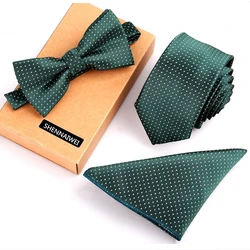 New Mens Green Necktie Sets Corbatas 6 Cm And Pocket Square Bow Tie Set 3pcs Bowtie Stripe Black Neck Ties Handkerchief Man Gift