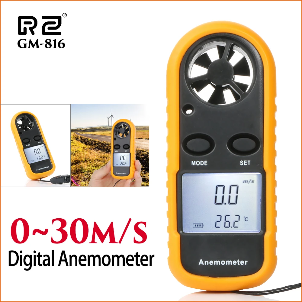 RZ Anemometro velocità Del Vento Meter Anemometro Lcd Digitale di Velocità del Vento Meter Sensore Portatile 0-30m/s GM816 Mini Anemometro Vento misuratore di velocità