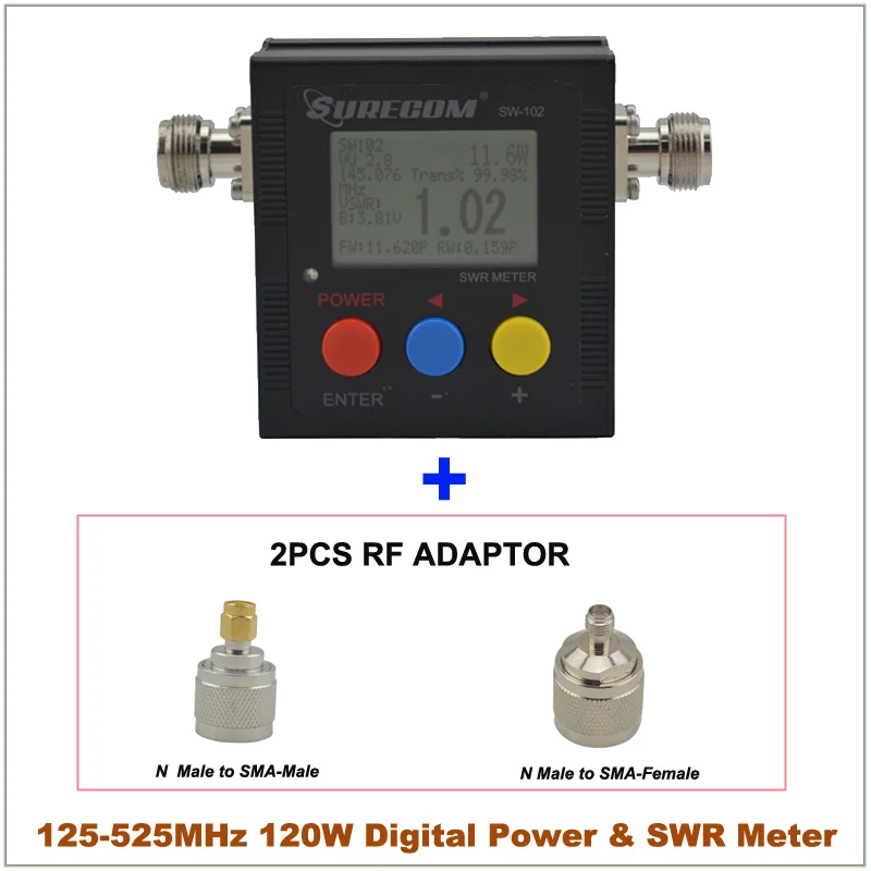 

SURECOM SW-102 125-525MHz VHF/UHF 120W Digital N(SL16) VSWR Power & SWR Meter with 2pcs RF Adaptor