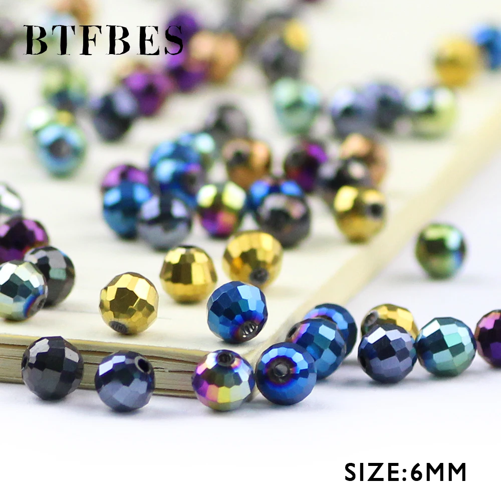 BTFBES 96 Faceted Football Austrian Crystal Beads 50pcs 6mm Plated Color Round Glass Loose Beads For Jewelry Bracelet Making DIY