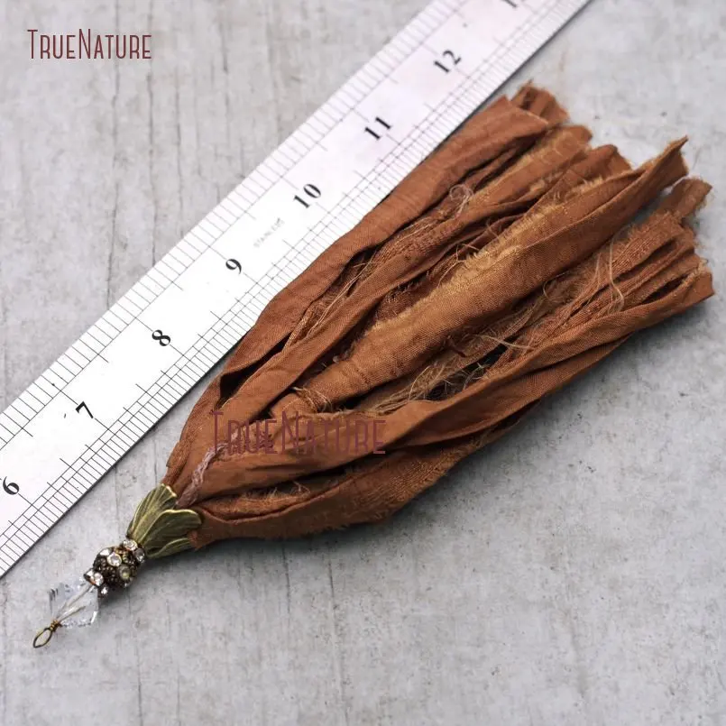 African Art Brown Sari Silk Pendant Handmade Design Antique Bronze Cap Crystal Quartzs Micro Pave Beads 6.8 inch PM9047