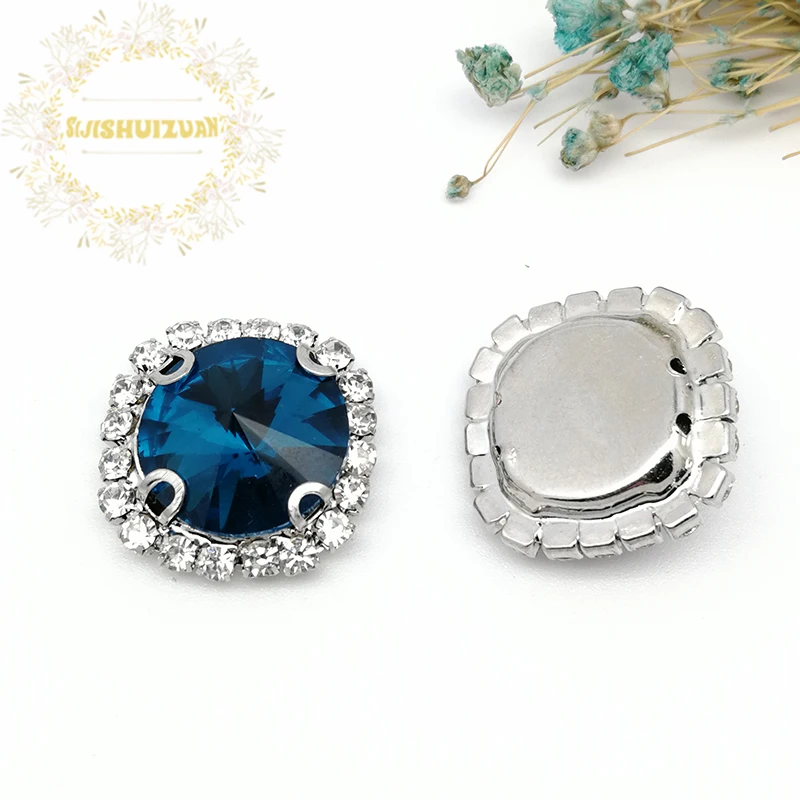 Shiny Peacock Blue Round Shape Glass Crystal Sew On Rhinestones Gold/Silver Bottom With Crystal Buckle Diy Wedding Dresss