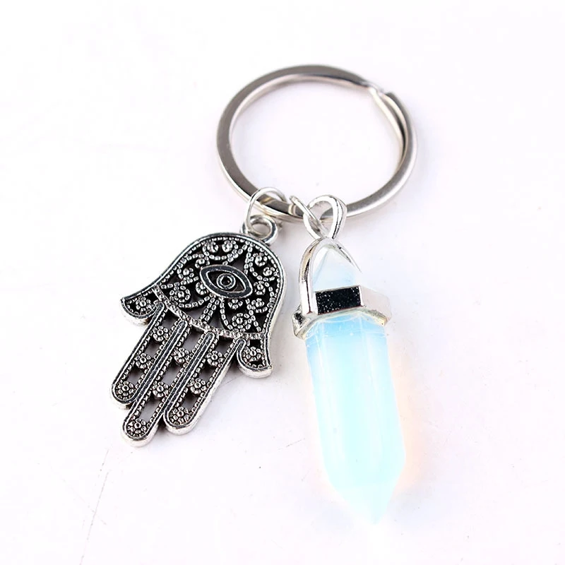 Natural Hexagonal Column Stone Keychain Women Pink Quartz Opal Crystal Key Chain With Evil Eye Fatima Jewelry Party Friends Gift