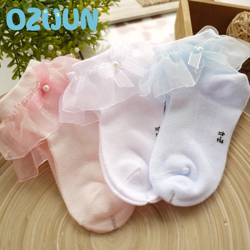 Spring Summer Children Girls Gloss Feel Lace Cotton Socks Baby Kids Mesh Thin Costura Manual Bow-knot  Princess Pearl Socks