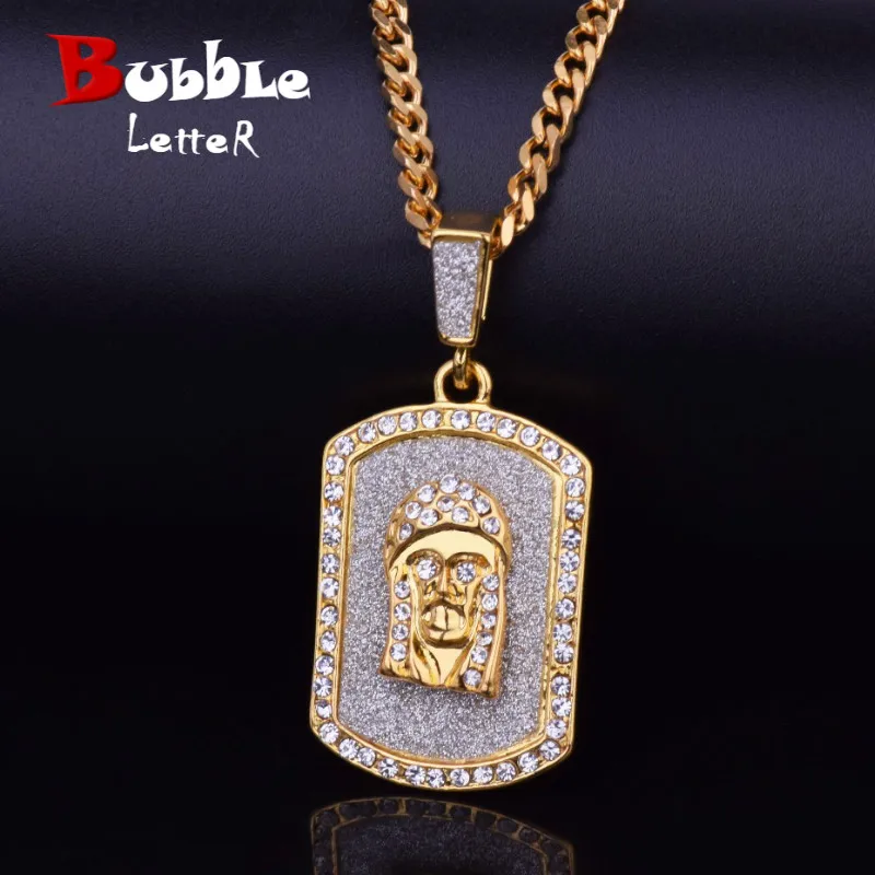 Sand Blast Dog Tag Necklace&Pendant Zinc Alloy Gold Color Iced Rhinesstone Jesus Head Men's Hip Hop Jewelry Gift