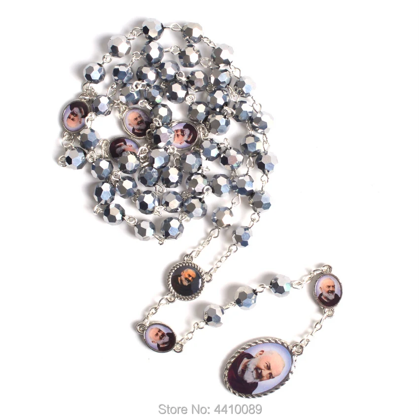 Trendy Faceted Polygon Metal Beads Rosary Necklace With St Pio Centerpiece and Pendant