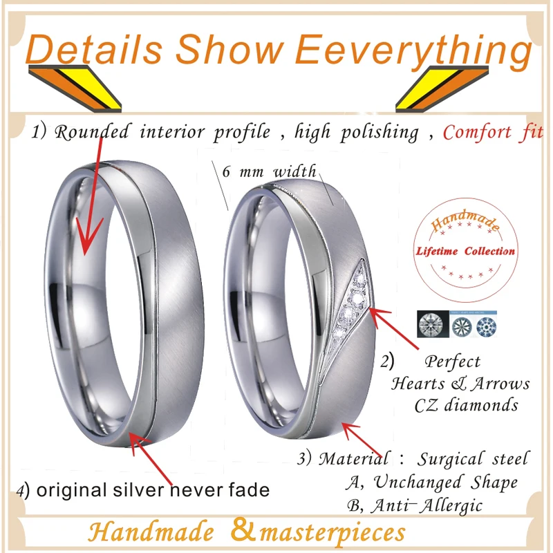 Top Quality Marriage Alliances White Gold Color Couple Wedding Rings Set for Men and Women Stainless Steel Jewelry Never Fade