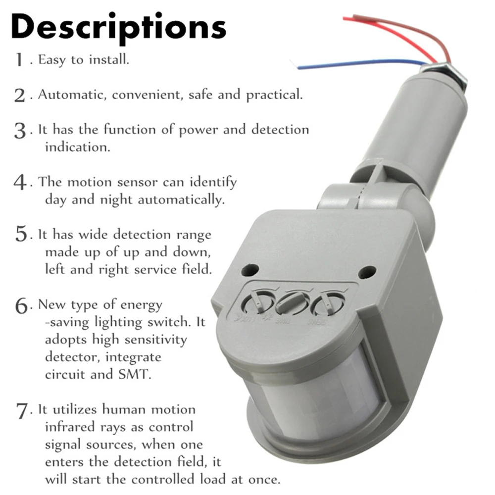 Sensor de movimento led 220v 110v 12v, detector de movimento infravermelho automático pir, temporizador de montagem na parede, sensor externo de 12 volts, interruptor de luz