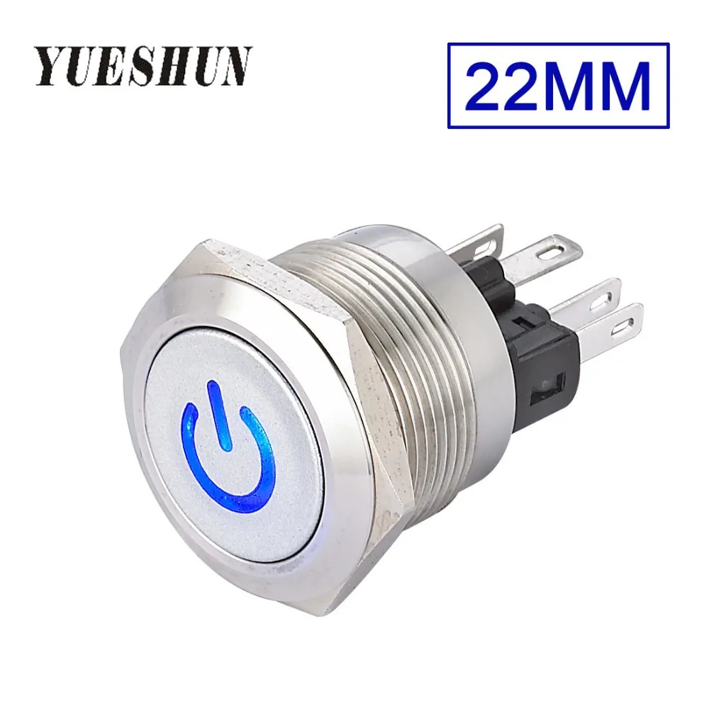 YUESHUN 22mm Stainless Steel Push Button Switches With light Momentary 1NO 1NC Auto Reset Metal illuminated Button Switch