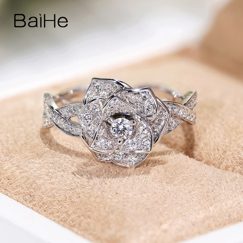 

BAIHE Solid 14K White Gold 0.56ct H/SI Natural Diamond Flower Ring Women Wedding Trendy Fine Jewelry Anillo flores bague fleur