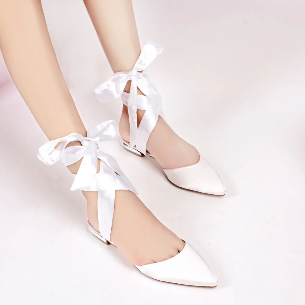 

Creativesugar Pointed toe lady satin flats evening dress shoes ribbon tie ankle strap bridal wedding party prom flat women shoes